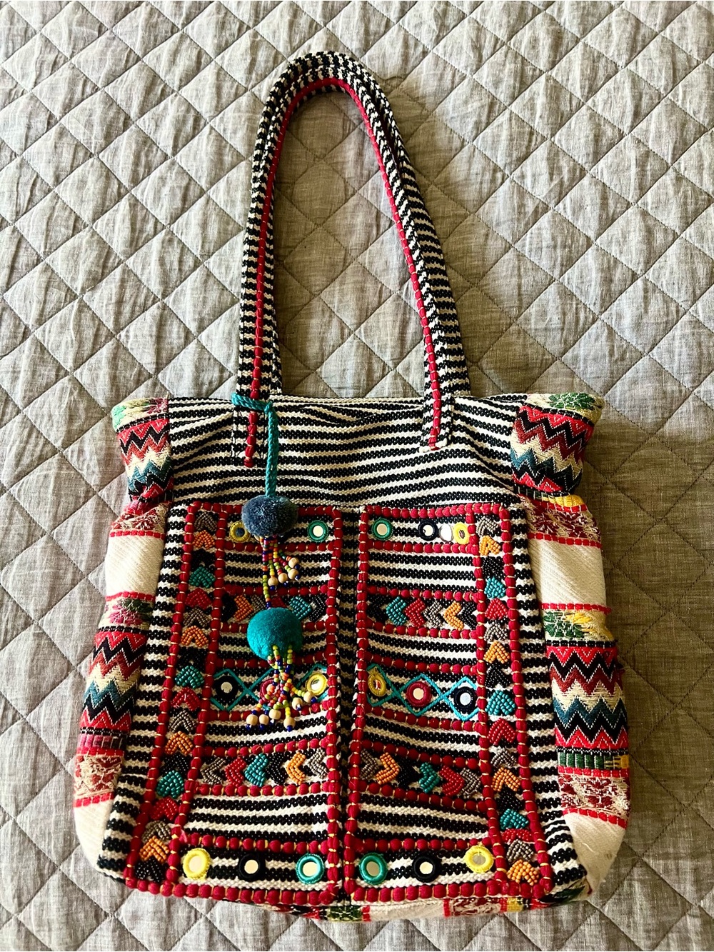 A & B Boho Multicolor Embroidered, Beaded Tote